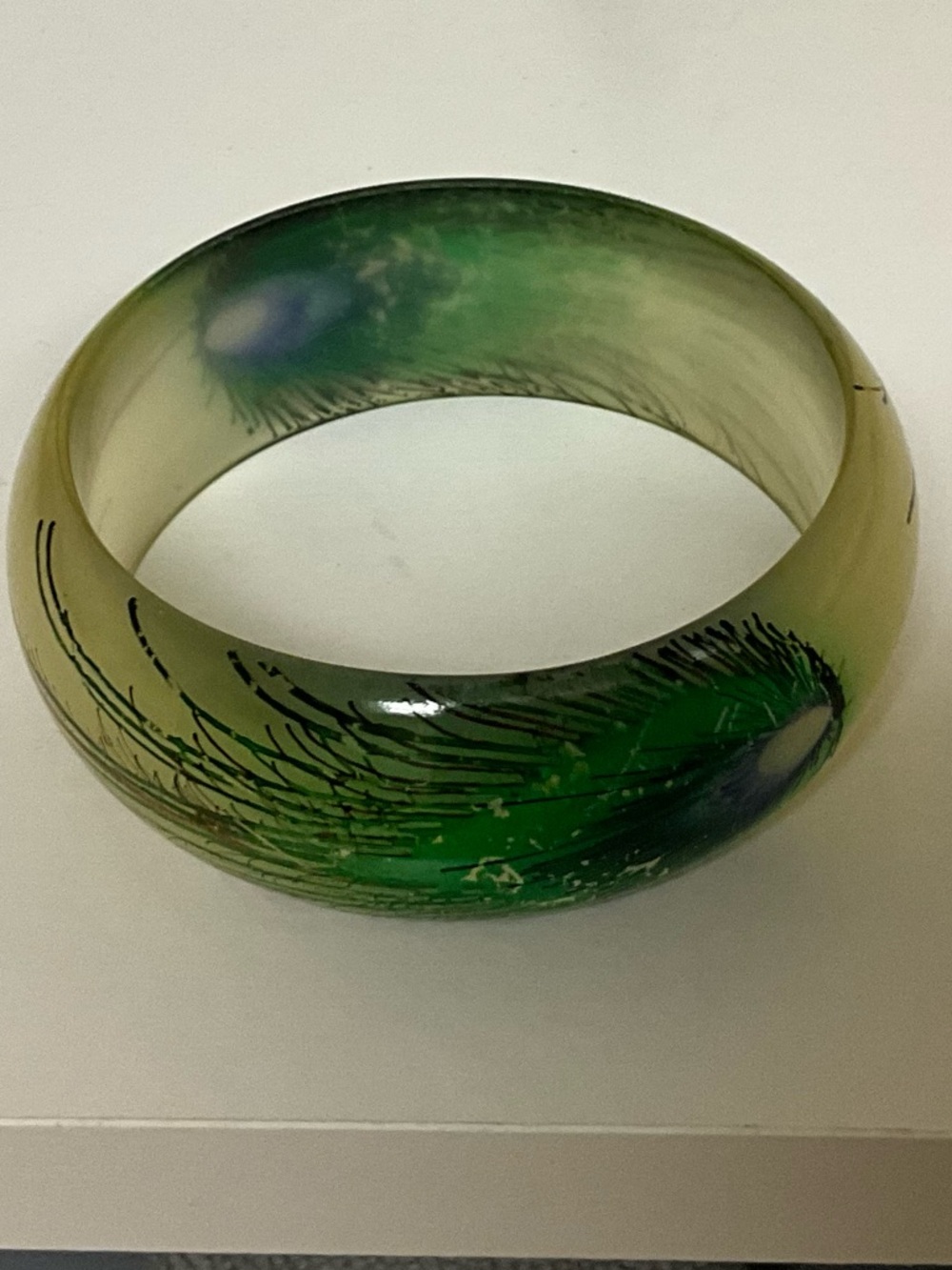 Vintage Lucite Peacock Feather Bangle Wide Frosted Green Statement Bracelet Boho